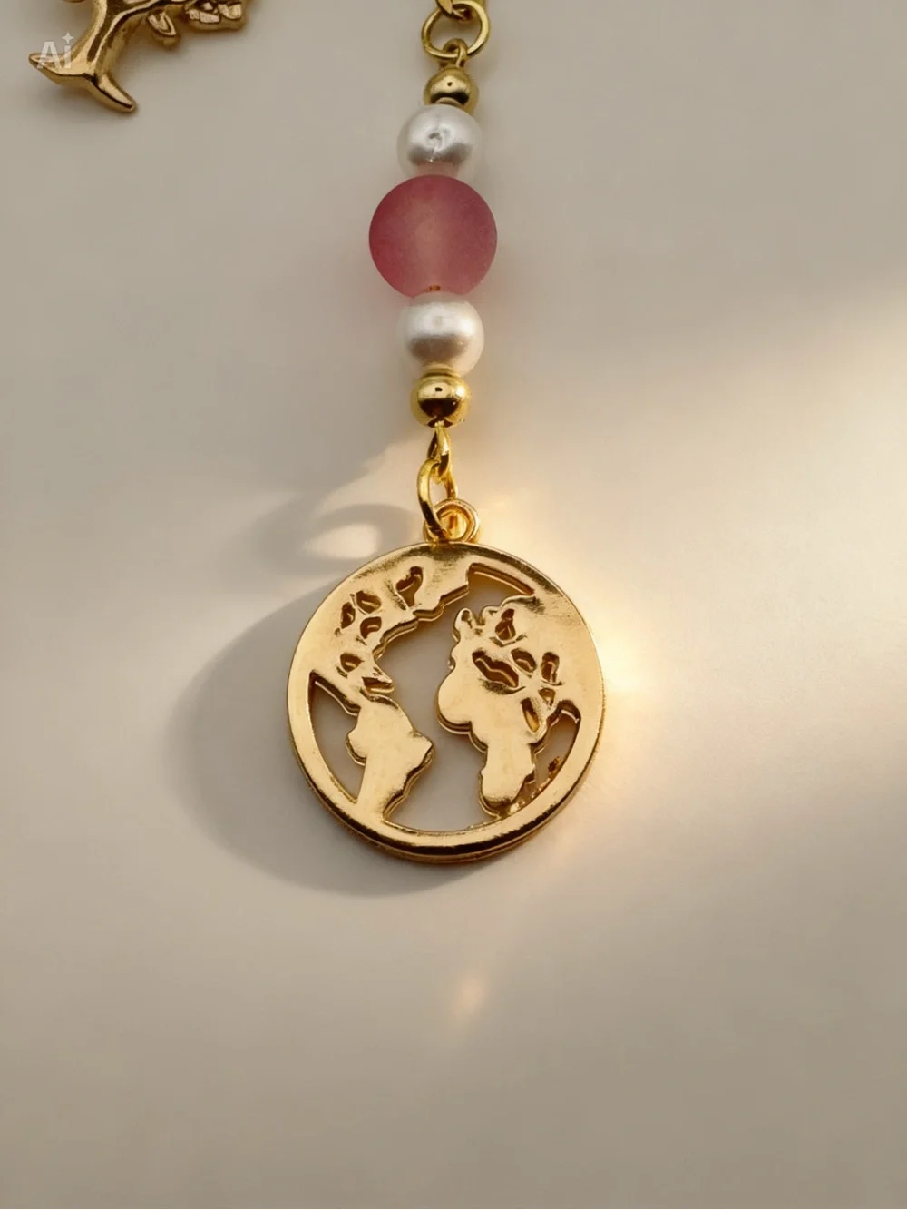 Gold Keychain with Pink Beads & Earth, Tree & Butterfly Charms